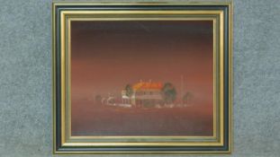 A framed oil on canvas of an Australian ranch house. 59x69cm