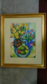 A framed and glazed gouache on paper titled 'Daffodils and Tulips', by Mary Tempest. 115x96cm