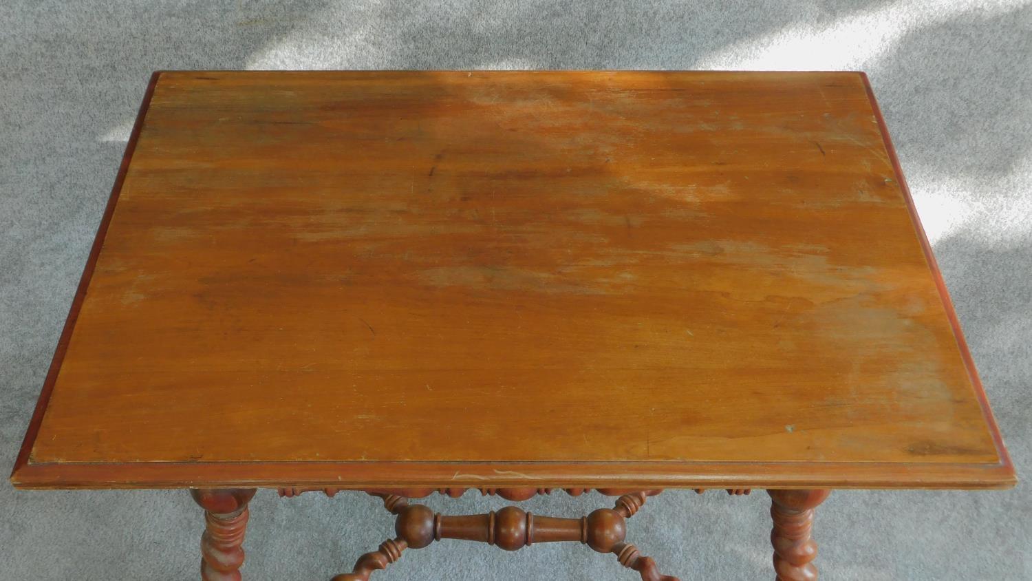 A Victorian walnut occasional table on turned and spiral twist stretchered base on swept brass - Image 2 of 6