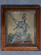 An early 19th century maple framed theatrical tinsel print of a man brandishing a spear. 32x29cm
