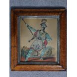 An early 19th century maple framed theatrical tinsel print of a man brandishing a spear. 32x29cm
