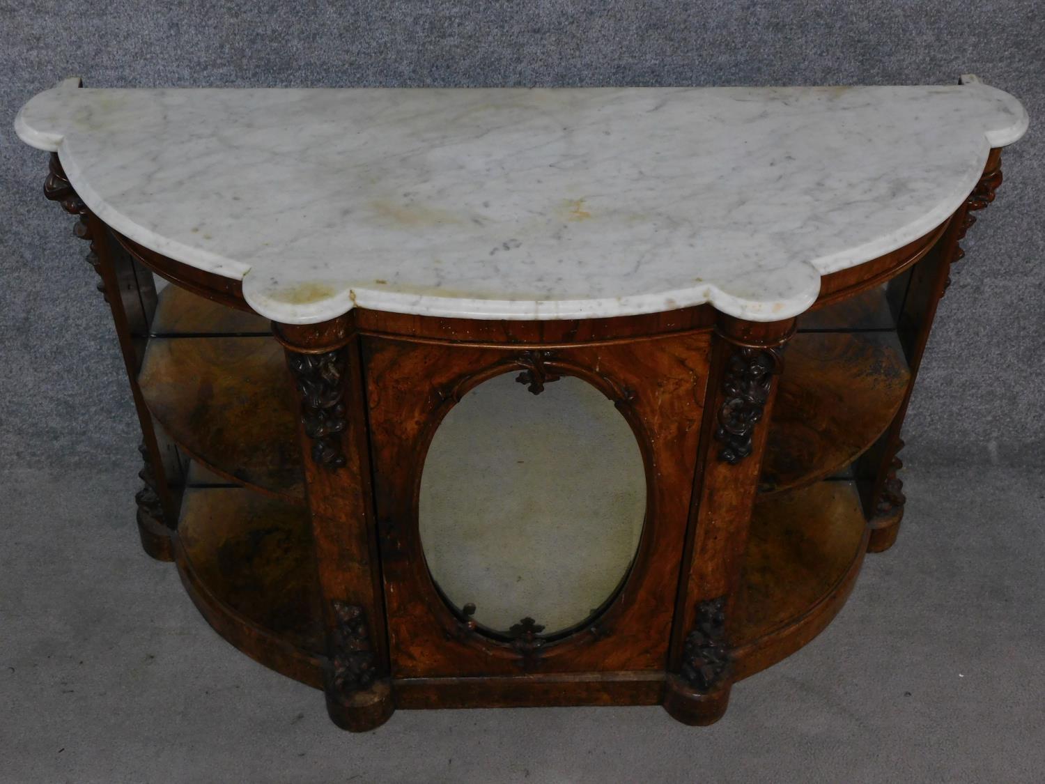 A 19th century marble topped and mirrored burr walnut credenza with floral carvings on shaped plinth - Image 2 of 12