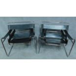 A pair of Vintage Wassily B3 style black leather armchairs on chrome support. H.72cm