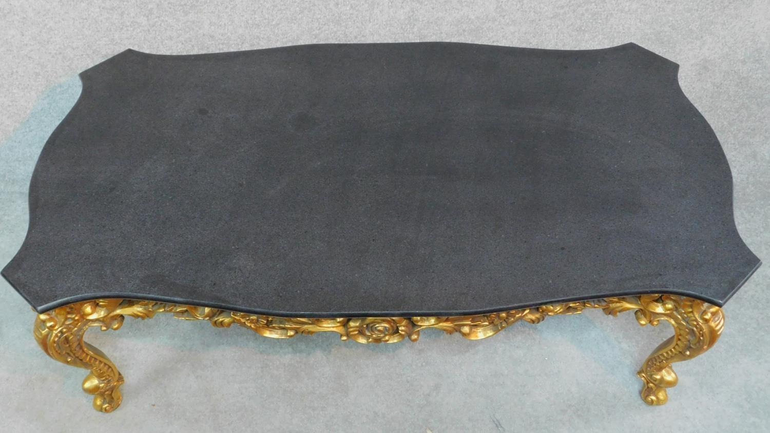 A gilt Rococo style coffee table with shaped marble top. H.47 W.139 D.79cm - Image 2 of 4