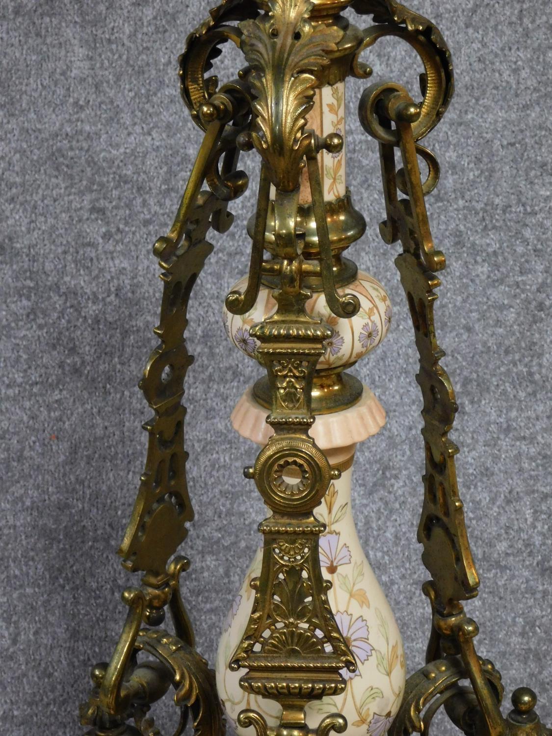 A ceramic and brass tall standard lamp with gilded and hand painted floral design. H.178cm - Image 5 of 7