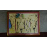 A framed charcoal and pastel study of naked men, indistinctly signed. 84x114cm