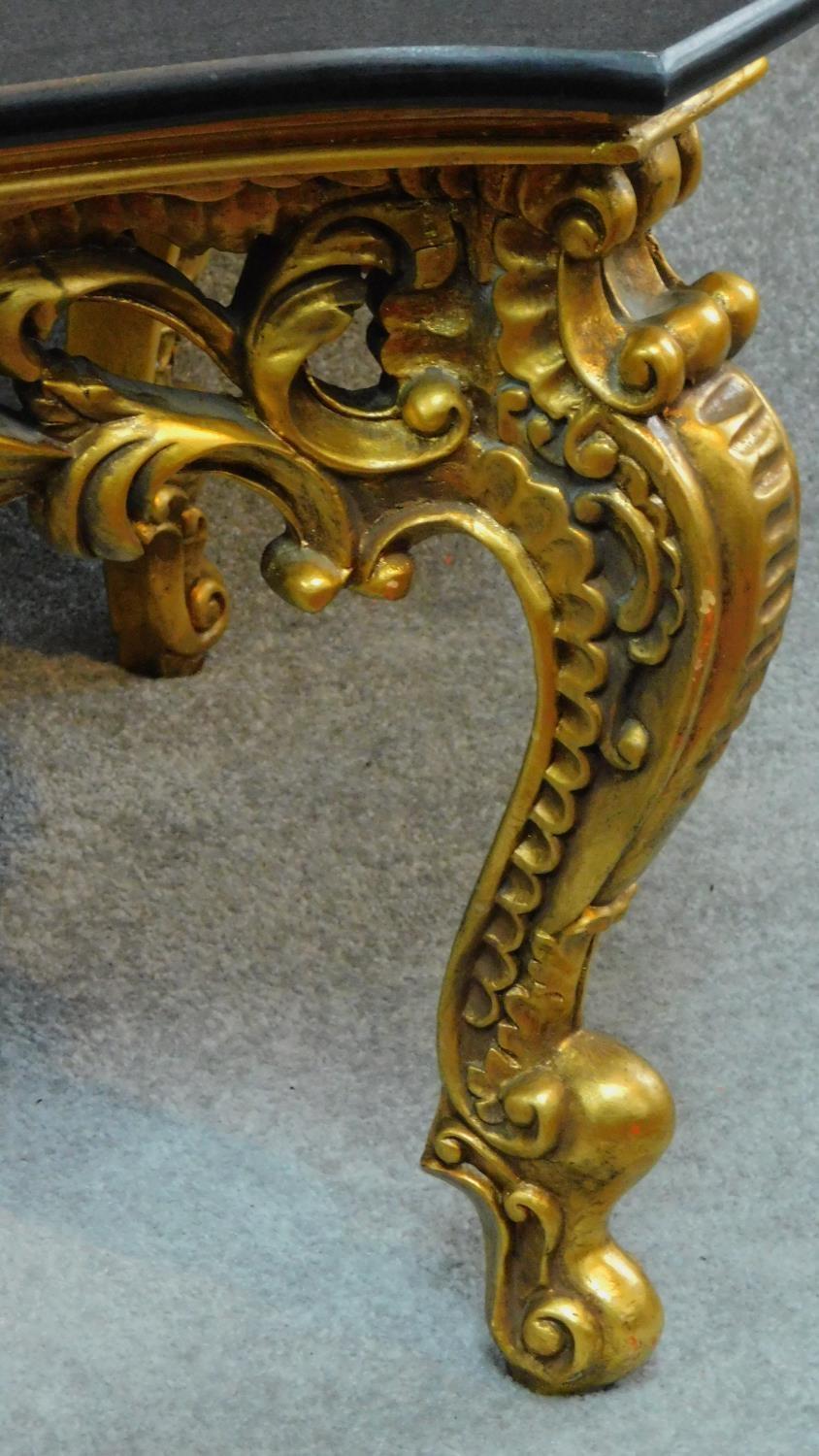 A gilt Rococo style coffee table with shaped marble top. H.47 W.139 D.79cm - Image 4 of 4