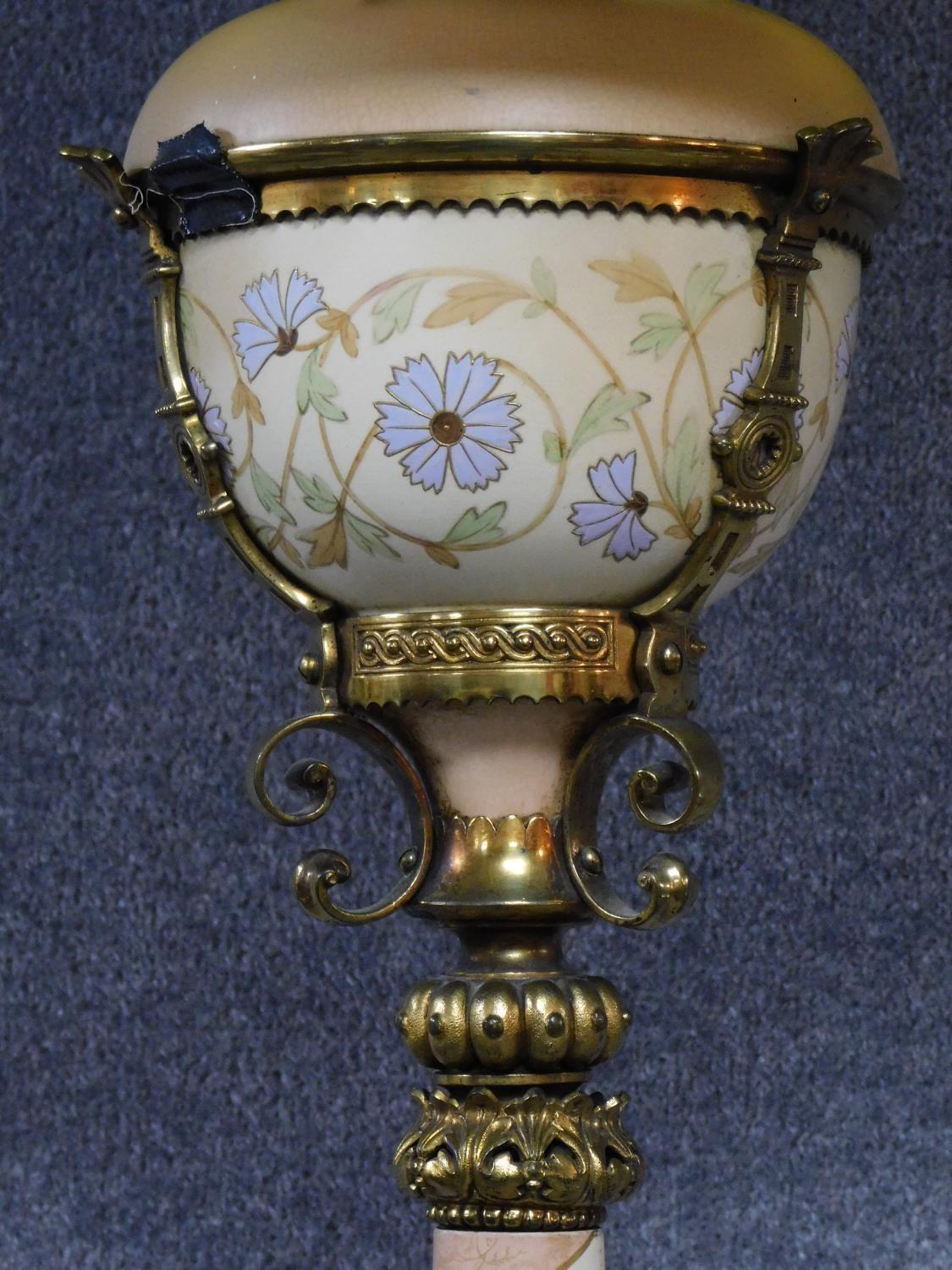 A ceramic and brass tall standard lamp with gilded and hand painted floral design. H.178cm - Image 3 of 7