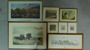 Eight framed and glazed prints of various sizes depicting different London locations in the 19th and