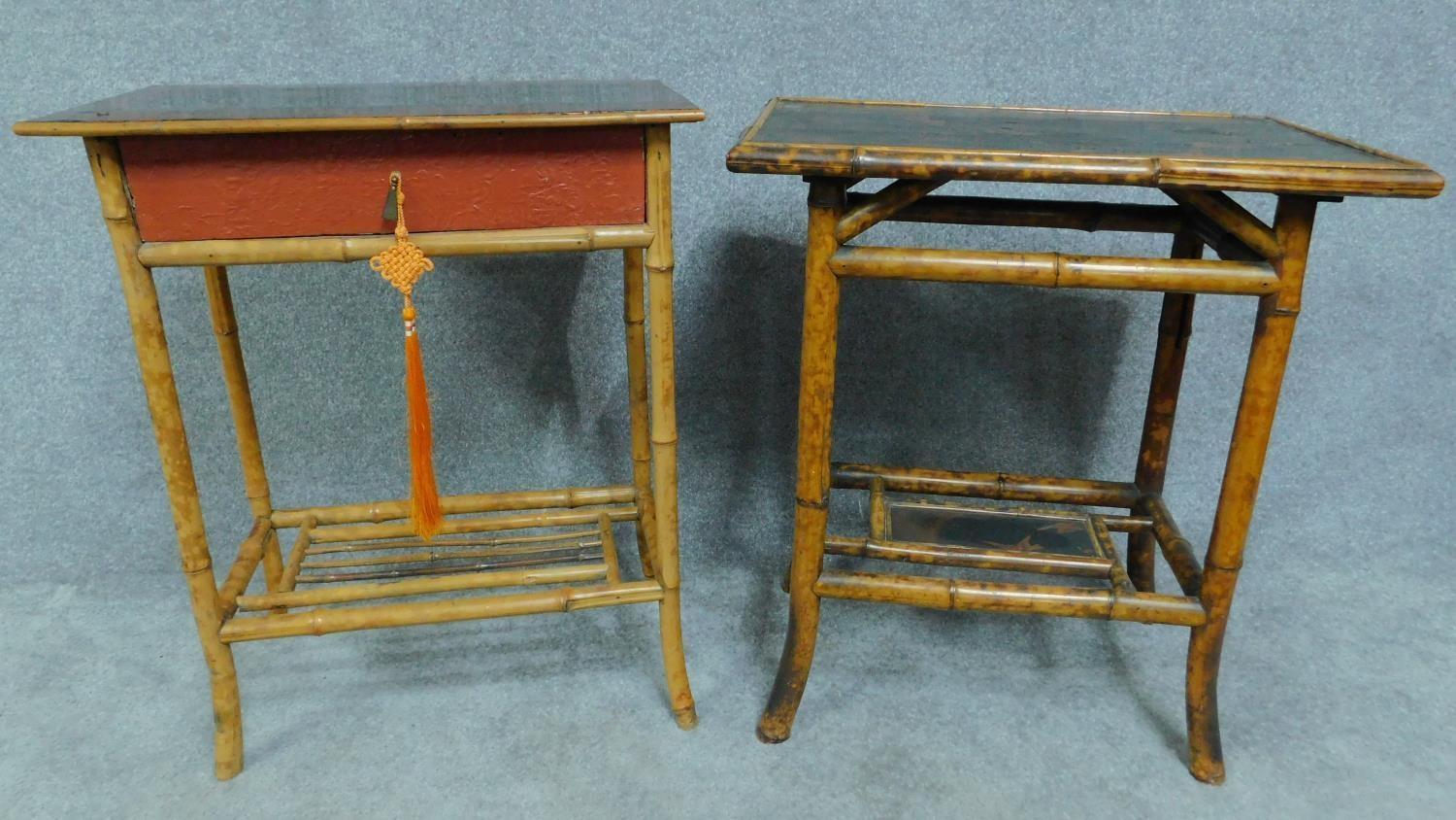 A late 19th century bamboo bedside table with floral red and black lacquered top and one drawer