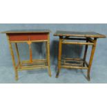A late 19th century bamboo bedside table with floral red and black lacquered top and one drawer