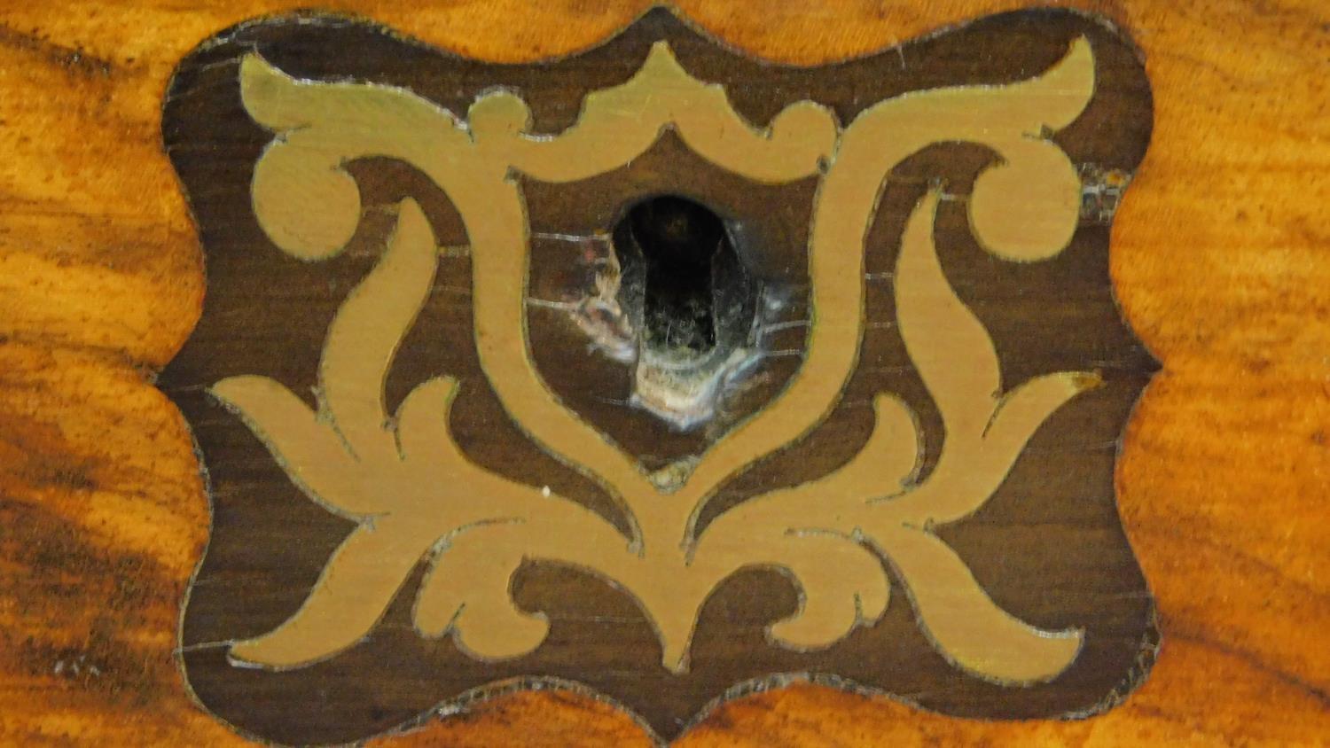 A Victorian walnut writing box with ebony and brass decoration and gilded tooled red leather - Image 8 of 8