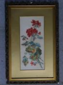 A carved giltwood framed watercolour of Geraniums. Label verso and indistinctly signed. 53x36cm