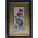 A carved giltwood framed watercolour of Geraniums. Label verso and indistinctly signed. 53x36cm