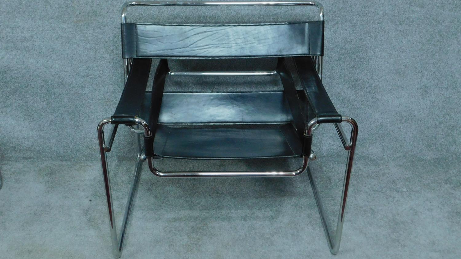 A pair of Vintage Wassily B3 style black leather armchairs on chrome support. H.72cm - Image 2 of 4