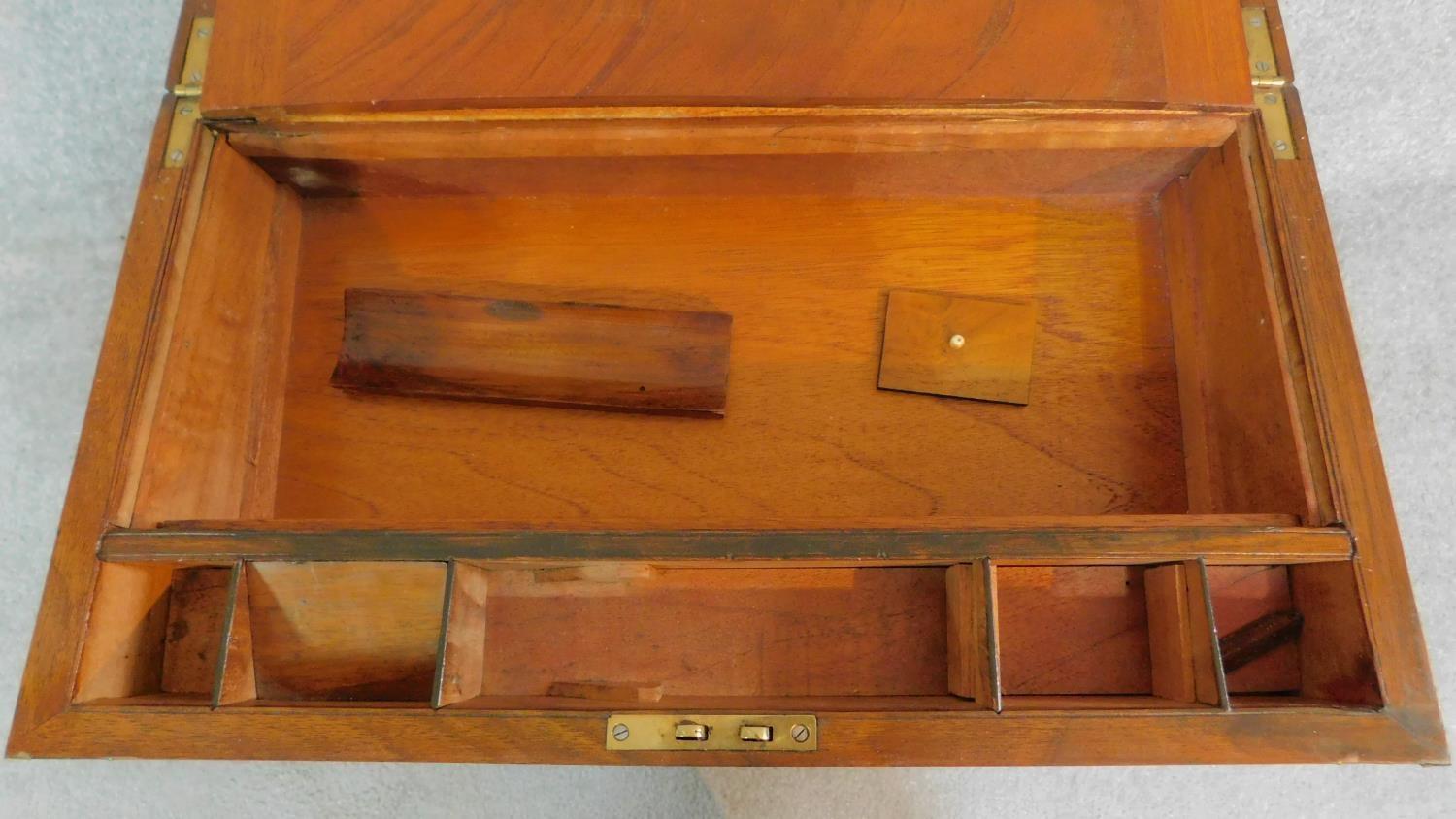 A Victorian walnut writing box with ebony and brass decoration and gilded tooled red leather - Image 4 of 8