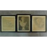 Three framed and glazed graphite and chalk classical studies of men, attributed to K. Deropirov.