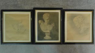 Three framed and glazed graphite and chalk classical studies of men, attributed to K. Deropirov.