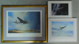 Three framed and signed prints of various aircraft by Leonard Cheshire. 79x97cm