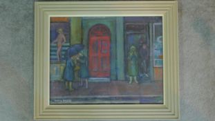 A framed oil on board titled 'Red door', by Moira Beaty. 72x59cm