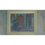 A framed oil on board titled 'Red door', by Moira Beaty. 72x59cm