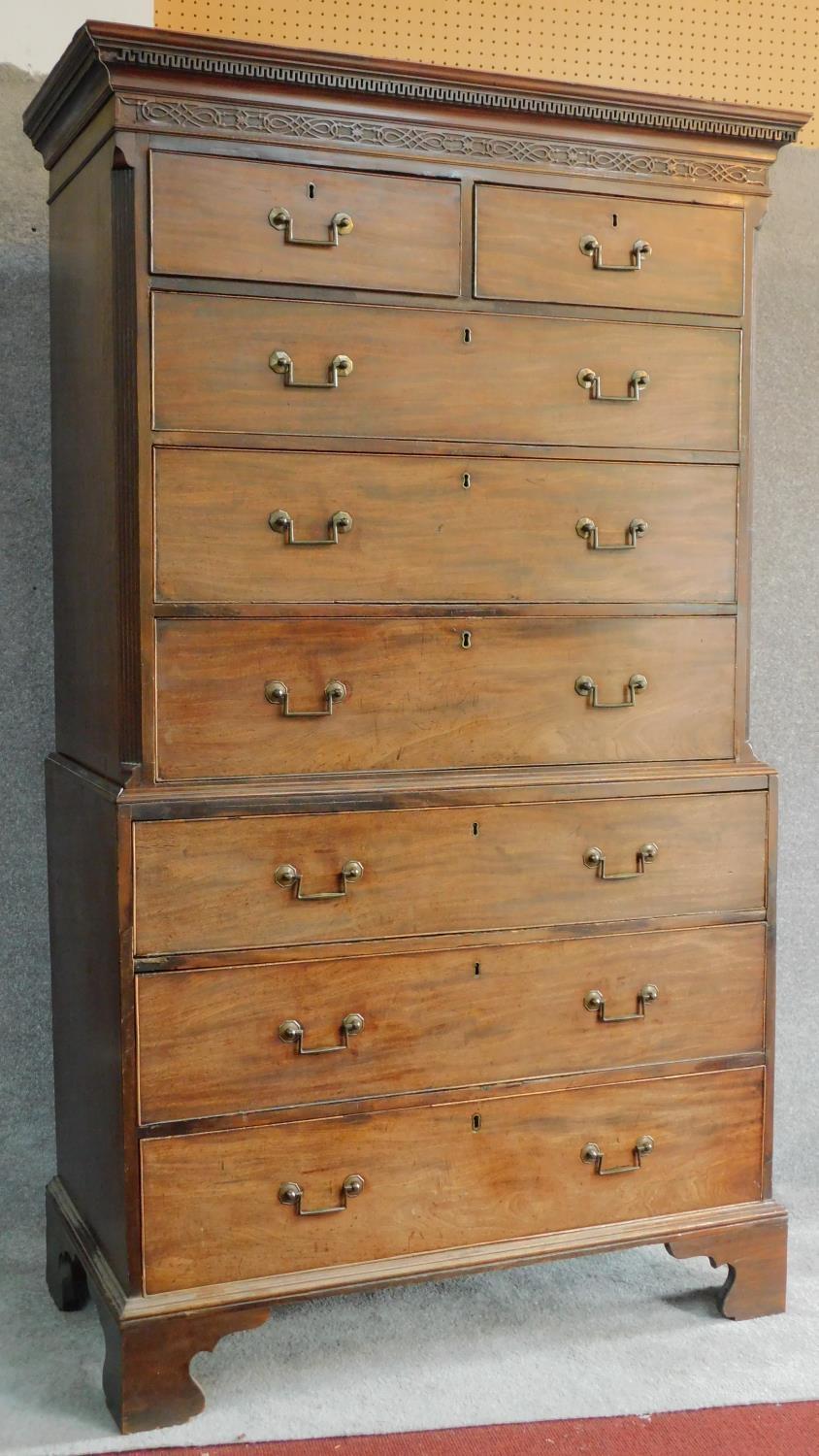 A Georgian mahogany two part chest on chest of two short over six long drawers fitted with - Image 2 of 7