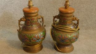 A pair of 20th Japanese bronze cloisonné Champleve enamel vases drilled and converted into lamp