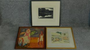 A framed signed woodblock print by American artist Julius J. Lankes, along with two 20th century