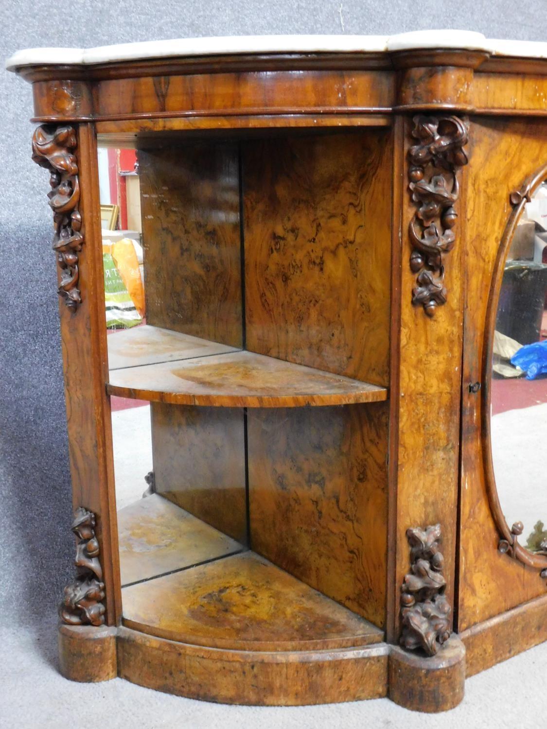 A 19th century marble topped and mirrored burr walnut credenza with floral carvings on shaped plinth - Image 5 of 12