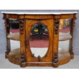 A 19th century marble topped and mirrored burr walnut credenza with floral carvings on shaped plinth