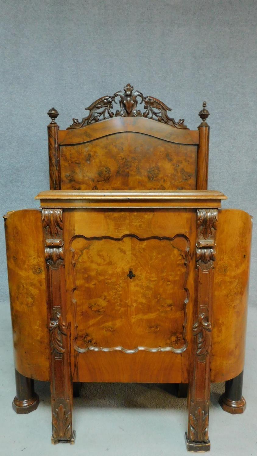 A 19th century French burr walnut nursing bed with floral carvings to the top and to the legs, - Image 3 of 12