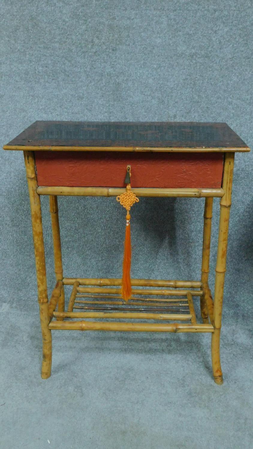 A late 19th century bamboo bedside table with floral red and black lacquered top and one drawer - Image 3 of 6