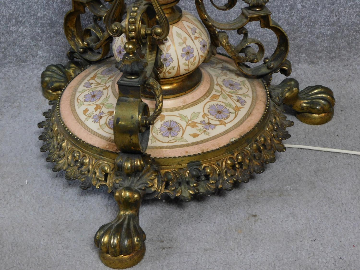 A ceramic and brass tall standard lamp with gilded and hand painted floral design. H.178cm - Image 6 of 7