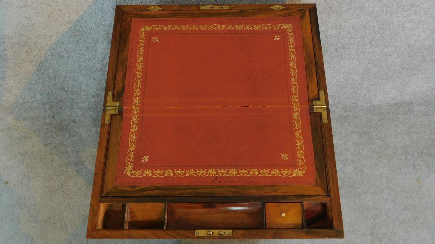 A Victorian walnut writing box with ebony and brass decoration and gilded tooled red leather - Image 3 of 8