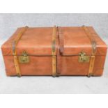 A vintage leather and wood steamer trunk. H.34 W.84 D.54cm