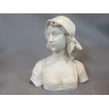 A 19th century Italian carved marble bust of a lady in a dress wearing a head scarf. Height 34cm.