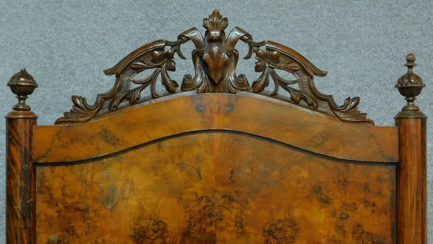 A 19th century French burr walnut nursing bed with floral carvings to the top and to the legs, - Image 4 of 12