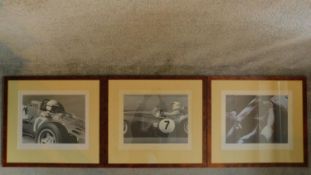 Three framed and glazed lithographs of John Surtees, Stirling Moss and Juan Manuel Fangio from