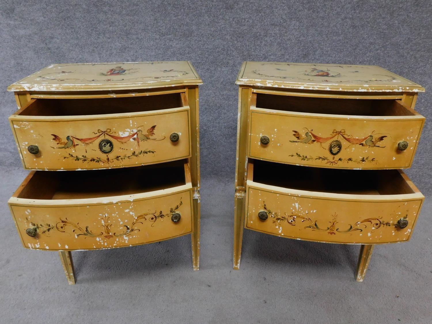 A pair of Italian hand painted bedside cabinets raised on tapering square supports. H.68 W.49 D.39cm - Image 2 of 13