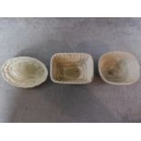 Three Victorian ceramic jelly moulds with pineapple, turkey and fish motifs. H.10cm