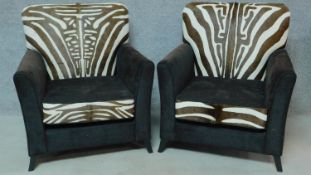 A pair of contemporary pony skin zebra print and black fabric armchairs, by Ninas House. H.92cm