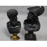 A pair of antique busts, one bronze of Marcus Aurelius and one of King Menelaus made of spelter.