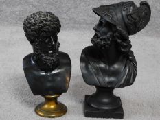 A pair of antique busts, one bronze of Marcus Aurelius and one of King Menelaus made of spelter.