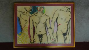A framed charcoal and pastel study of naked men, indistinctly signed. 84x114cm