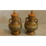 A pair of 20th Japanese bronze cloisonné Champleve enamel vases drilled and converted into lamp