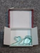 A new in box Czech aqua blue glass dog by Moser. Designed by Jaroslav Stursa. Signed to base and has