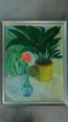 A silver framed oil on canvas depicting two plants in vases, signed Anni Carrick. 56x72cm