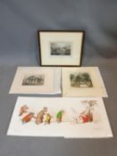 Three antique hand coloured lithographs, one of Tower of London from the Thames, Grays Inn