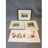 Three antique hand coloured lithographs, one of Tower of London from the Thames, Grays Inn