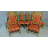A set of eight 19th century carved oak Carolean style dining chairs in blush faux leather